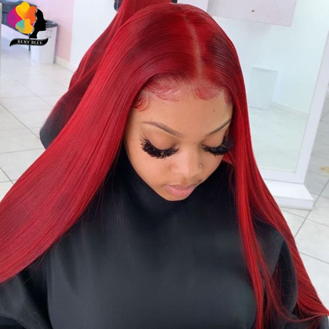 Remyblue 13*1 Lace Front Human Hair Wigs 99J Red Straight Malaysian Remy Human Hair Deep Part Wig Pre Plucked Baby Hair 28 inch