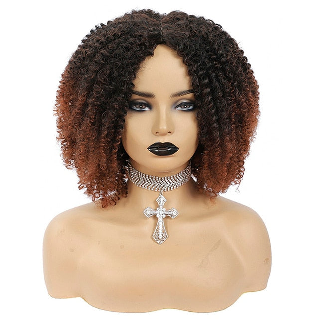 MSIWIGS Women's Short Afro Kinky Curly Wigs Ombre Brown Synthetic Middle Part Nature Hair Black Daily Party Headgear with Clips