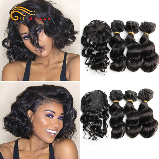 Htonicca Loose Deep Brazilian Hair Weave Bundles 8 inch 100% Human Hair 3 Bundles and closure Hair Extensions Natural Black