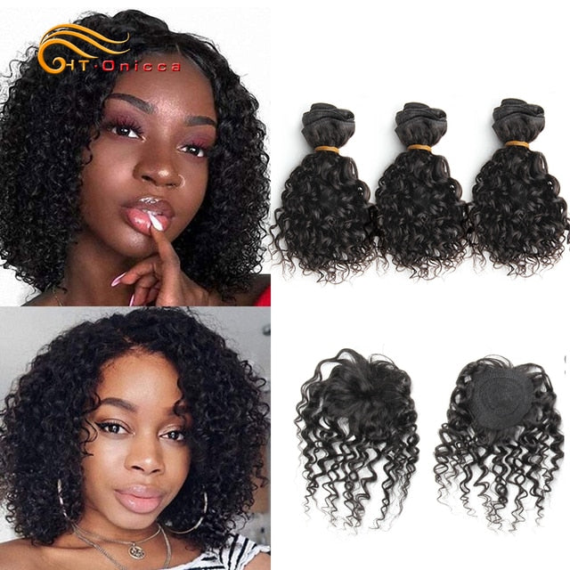 Htonicca Loose Deep Brazilian Hair Weave Bundles 8 inch 100% Human Hair 3 Bundles and closure Hair Extensions Natural Black