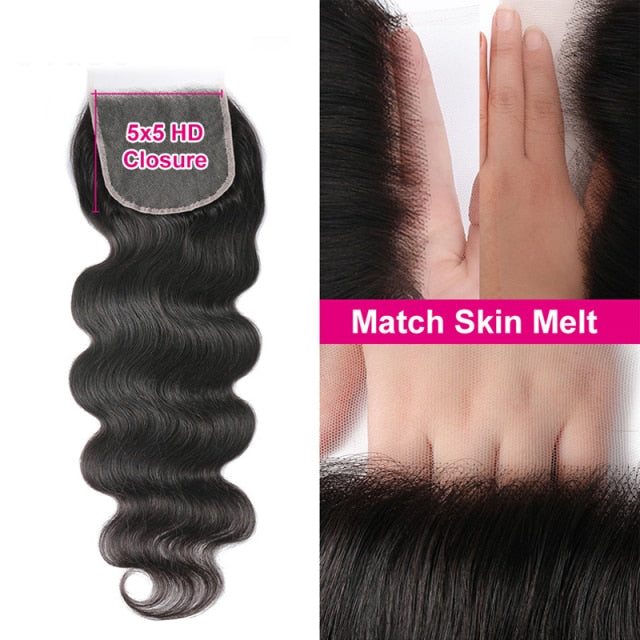 UNICE Hair Body Wave Bundles With 5X5 HD Lace Closure Human Hair Bundles With 4*4 Lace Closure 8-30" Brazilian Hair Weave Bundle