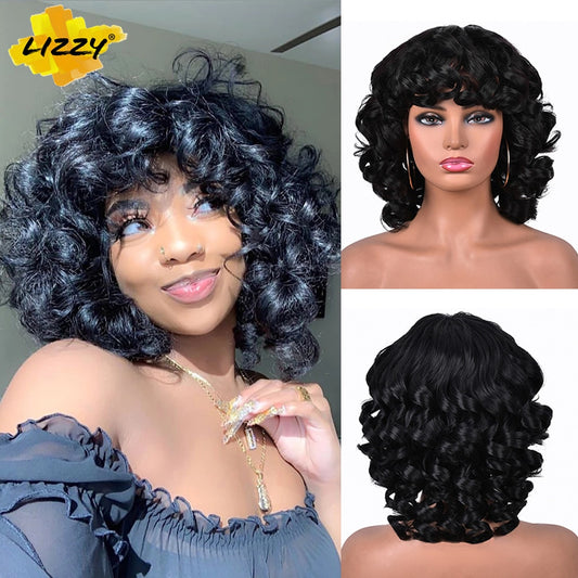 Short Hair Afro Curly Wig With Bangs Loose Synthetic Cosplay Fluffy Shoulder Length Natural Wigs For Black Women Dark Brown 14"