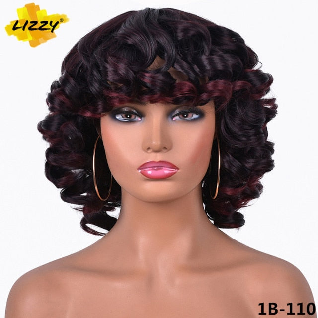 Short Hair Afro Curly Wig With Bangs Loose Synthetic Cosplay Fluffy Shoulder Length Natural Wigs For Black Women Dark Brown 14"