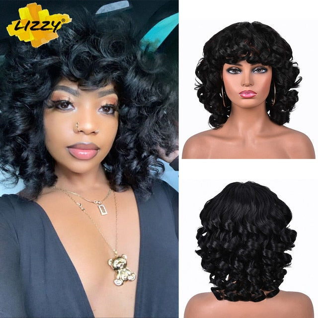 Short Hair Afro Curly Wig With Bangs Loose Synthetic Cosplay Fluffy Shoulder Length Natural Wigs For Black Women Dark Brown 14"