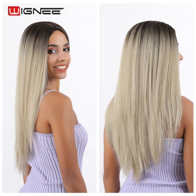 Wignee Long Straight Synthetic Wig Ombre Purple Hair For Women Middle Part Hair Heat Resistant Fiber Party Daily Bundle Hair Wig