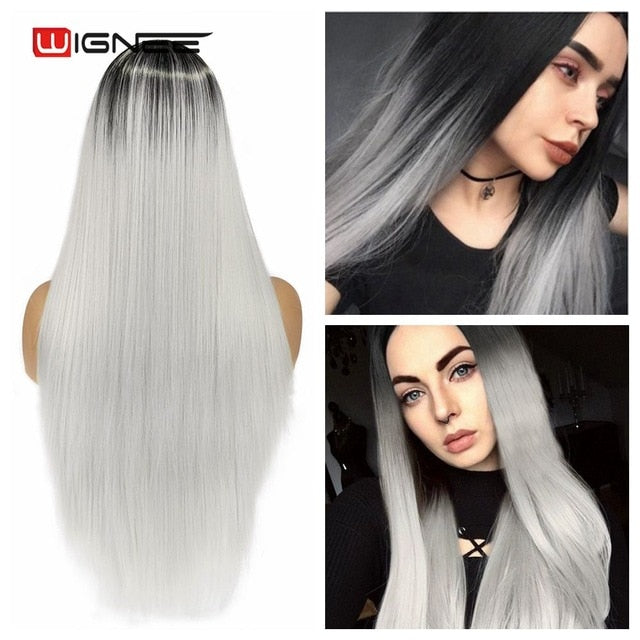 Wignee Long Straight Synthetic Wig Ombre Purple Hair For Women Middle Part Hair Heat Resistant Fiber Party Daily Bundle Hair Wig