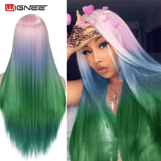 Wignee Long Straight Synthetic Wig Ombre Purple Hair For Women Middle Part Hair Heat Resistant Fiber Party Daily Bundle Hair Wig