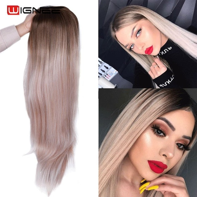 Wignee Long Straight Synthetic Wig Ombre Purple Hair For Women Middle Part Hair Heat Resistant Fiber Party Daily Bundle Hair Wig