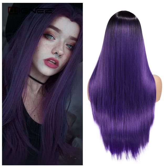 Wignee Long Straight Synthetic Wig Ombre Purple Hair For Women Middle Part Hair Heat Resistant Fiber Party Daily Bundle Hair Wig