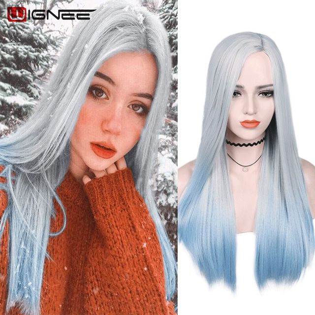 Wignee Long Straight Synthetic Wig Ombre Purple Hair For Women Middle Part Hair Heat Resistant Fiber Party Daily Bundle Hair Wig