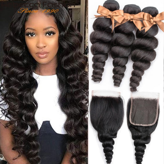 Rebecca Loose Deep Wave Bundles with Closure Peruvian Hair Bundles with Closure Remy 100% Human Hair Bundles with Frontal