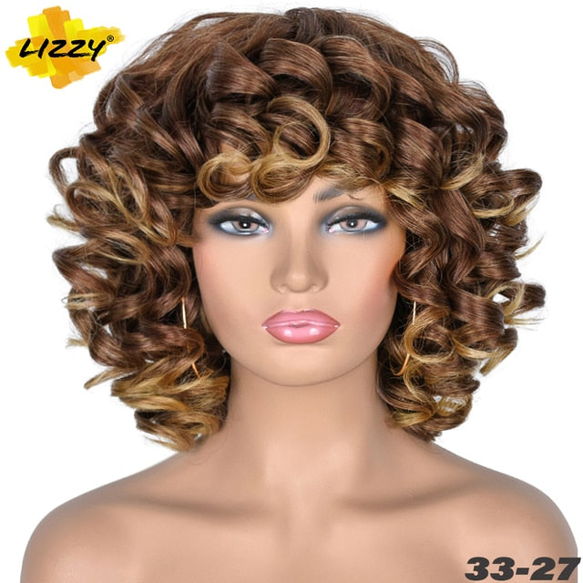 Short Hair Afro Curly Wig With Bangs Loose Synthetic Cosplay Fluffy Shoulder Length Natural Wigs For Black Women Dark Brown 14"