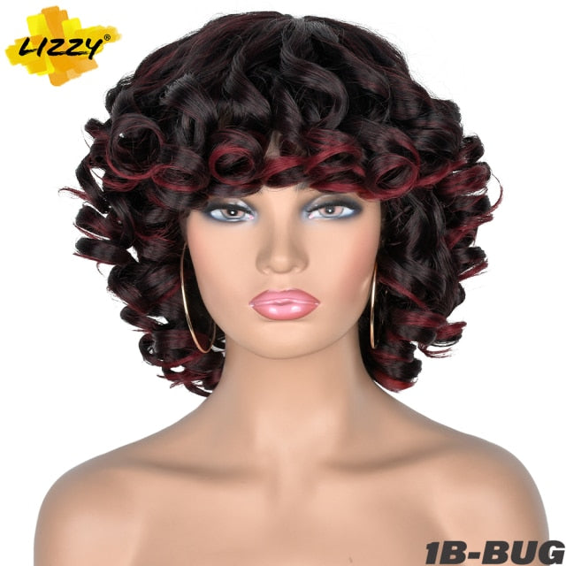 Short Hair Afro Curly Wig With Bangs Loose Synthetic Cosplay Fluffy Shoulder Length Natural Wigs For Black Women Dark Brown 14"