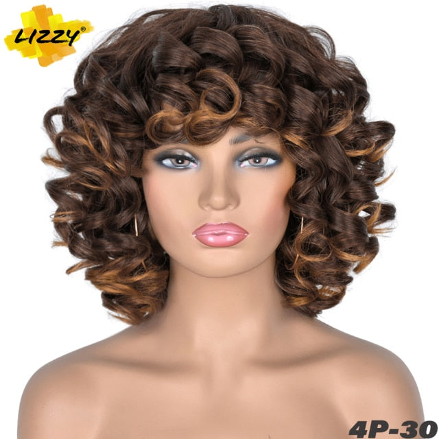 Short Hair Afro Curly Wig With Bangs Loose Synthetic Cosplay Fluffy Shoulder Length Natural Wigs For Black Women Dark Brown 14"