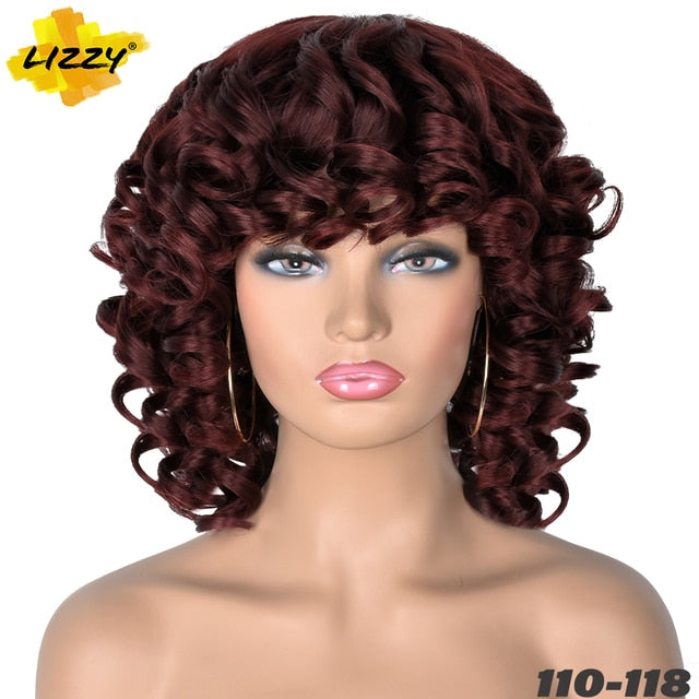 Short Hair Afro Curly Wig With Bangs Loose Synthetic Cosplay Fluffy Shoulder Length Natural Wigs For Black Women Dark Brown 14"