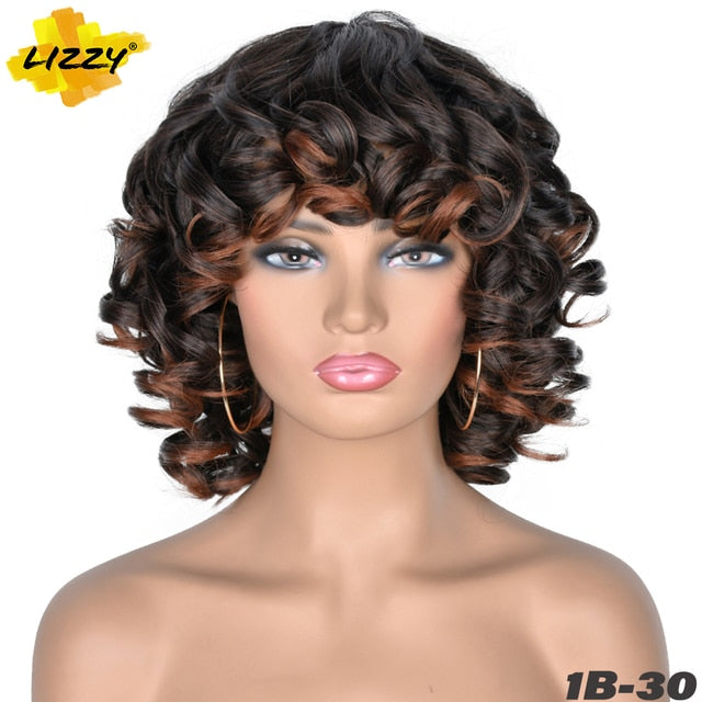 Short Hair Afro Curly Wig With Bangs Loose Synthetic Cosplay Fluffy Shoulder Length Natural Wigs For Black Women Dark Brown 14"