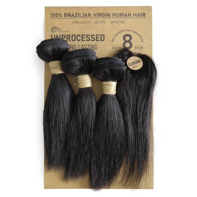 Htonicca Loose Deep Brazilian Hair Weave Bundles 8 inch 100% Human Hair 3 Bundles and closure Hair Extensions Natural Black