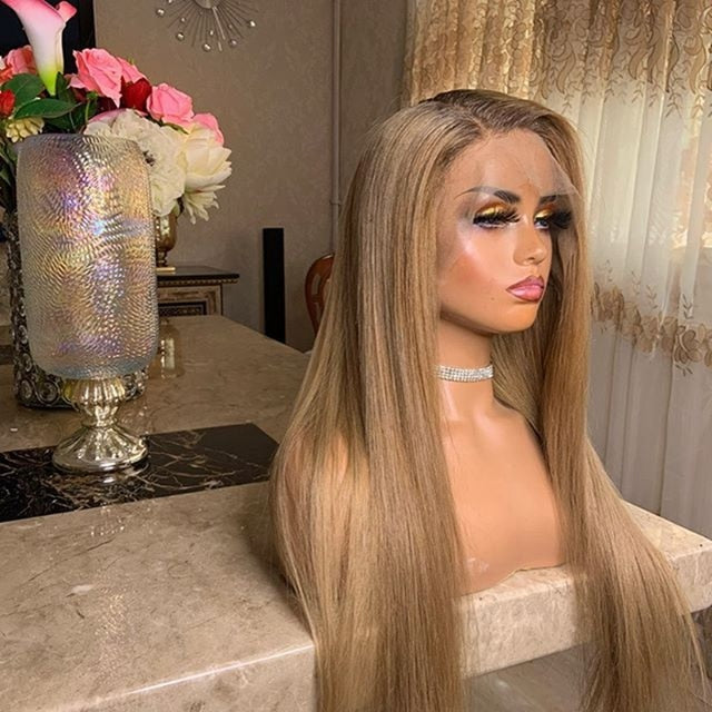 180% Straight 1b/27 Ombre Synthetic Hair Wig For Women 2 Color Honey Blonde Lace Front Fiber wigs Natural Hairline