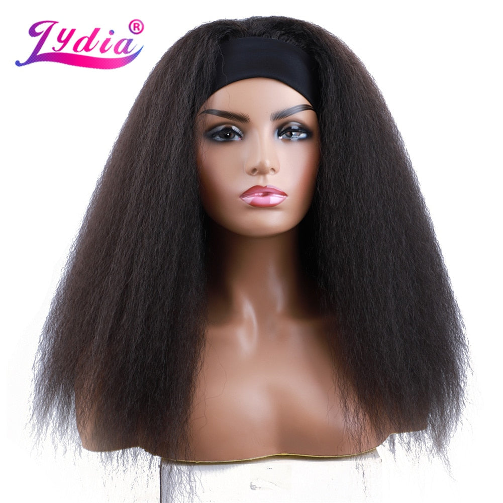 Lydia Long Kinky Straight Headband Synthetic Hair Wigs For African American Women Natural Black 16-22 Inch Kanekalon Afro Wig