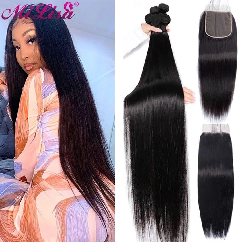 30 Inches Straight Hair Bundles With Closure Brazilian Hair Weave 3 / 4 Bundles With Closure Human Hair HD Frontal With Bundles