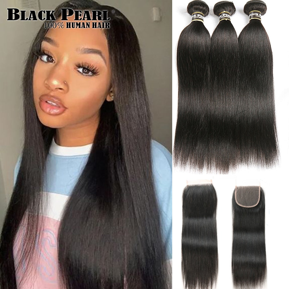 Black Pearl Pre-Colored 3 Bundles with Closure Straight Human Hair Bundles with Closure Brazilian Hair Weave Bundles Remy Hair