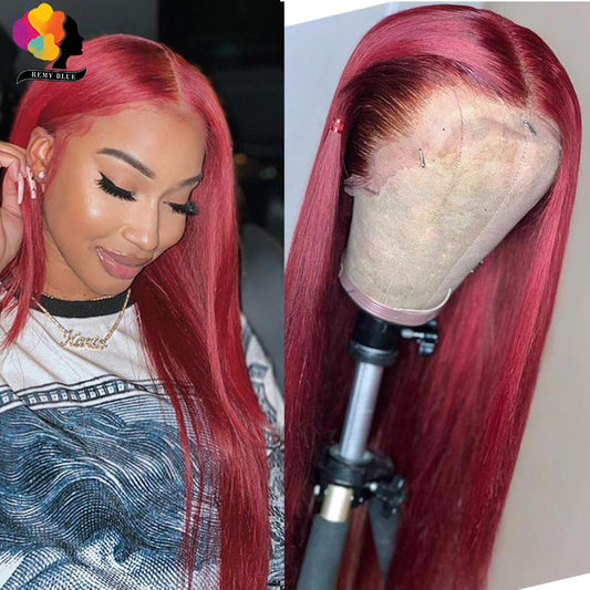 Remyblue 13*1 Lace Front Human Hair Wigs 99J Red Straight Malaysian Remy Human Hair Deep Part Wig Pre Plucked Baby Hair 28 inch