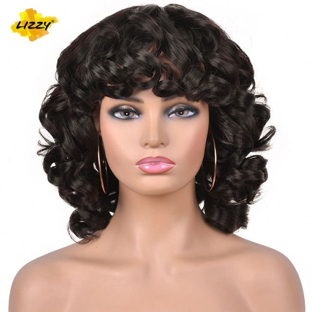 Short Hair Afro Curly Wig With Bangs Loose Synthetic Cosplay Fluffy Shoulder Length Natural Wigs For Black Women Dark Brown 14"