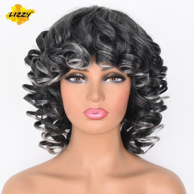 Short Hair Afro Curly Wig With Bangs Loose Synthetic Cosplay Fluffy Shoulder Length Natural Wigs For Black Women Dark Brown 14"