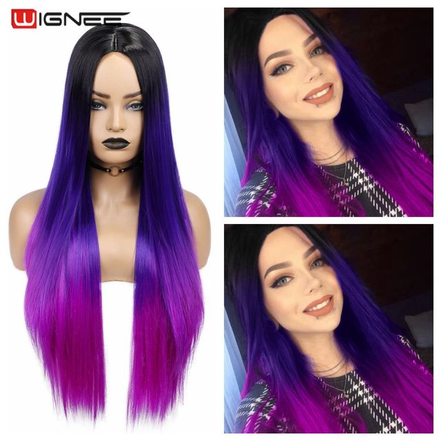 Wignee Long Straight Synthetic Wig Ombre Purple Hair For Women Middle Part Hair Heat Resistant Fiber Party Daily Bundle Hair Wig