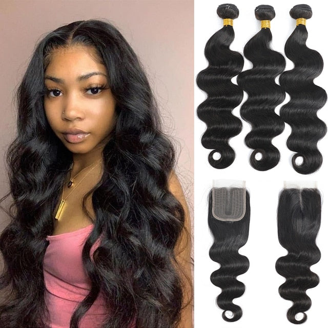 Colored Brazilian Body Wave Hair Weave 3/4 Bundles With Closure Blonde 1B/4/27 Remy Ombre Human Bundles With T Lace Closure