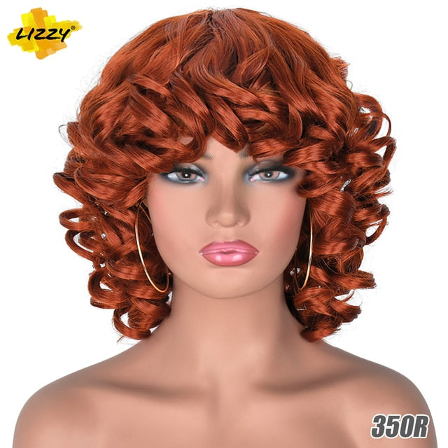 Short Hair Afro Curly Wig With Bangs Loose Synthetic Cosplay Fluffy Shoulder Length Natural Wigs For Black Women Dark Brown 14"