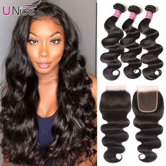 UNICE Hair Body Wave Bundles With 5X5 HD Lace Closure Human Hair Bundles With 4*4 Lace Closure 8-30" Brazilian Hair Weave Bundle