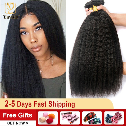 Yavida Hair Peruvian Kinky Straight Hair Bundles Human Hair Weave Bundles Natural Color Non-Remy Hair Weave Extensions Thick End