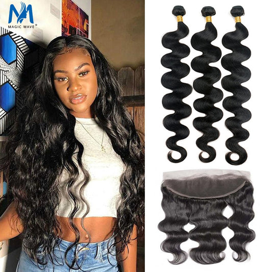 Magic 30 32 36 inch Body Wave Bundle With Lace Brazilian Human Hair Extension 3 4 Bundles With Frontal Baby Hair Remy Extension