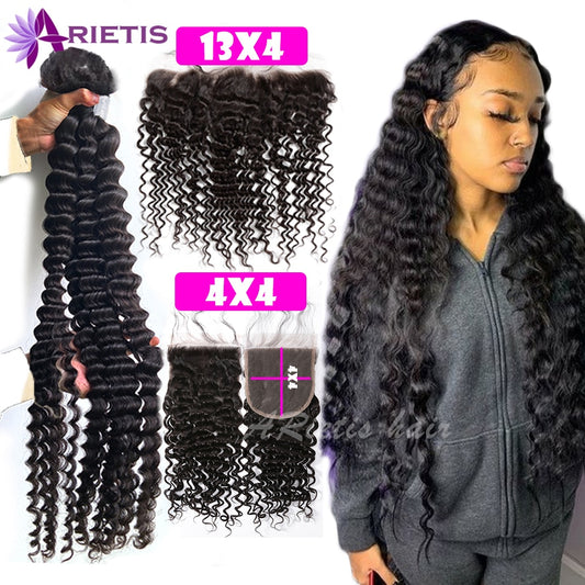 32 34 36 38 40 inch Deep Wave Bundles With Closure Brazilian Remy Human Hair Bundles With Frontal Water Curly & 4x4 Lace Closure