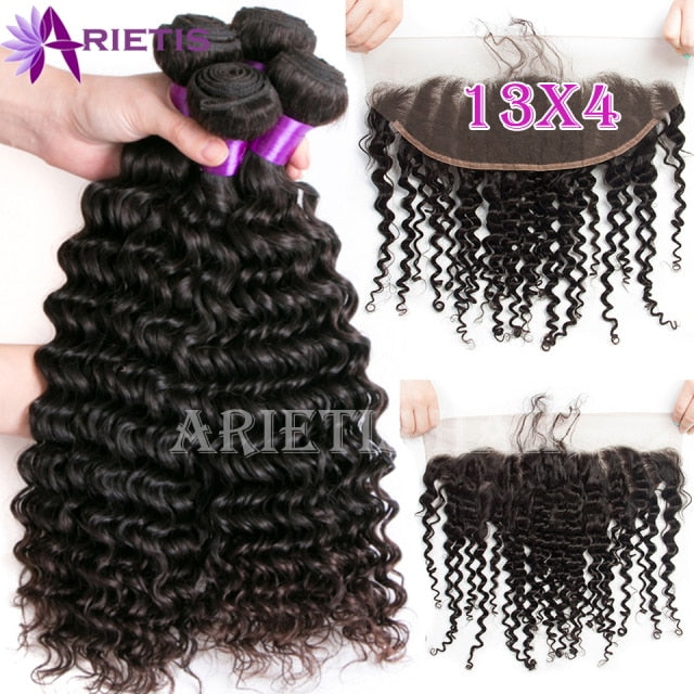 32 34 36 38 40 inch Deep Wave Bundles With Closure Brazilian Remy Human Hair Bundles With Frontal Water Curly & 4x4 Lace Closure