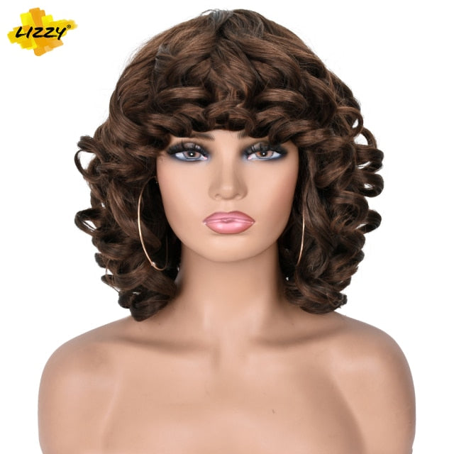 Short Hair Afro Curly Wig With Bangs Loose Synthetic Cosplay Fluffy Shoulder Length Natural Wigs For Black Women Dark Brown 14"