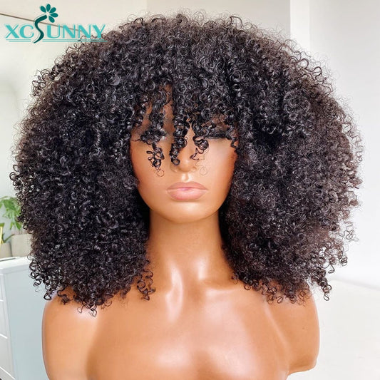 Afro Kinky Curly Wig With Bangs Full Machine Made Scalp Top Wig 200 Density Remy Brazilian Short Curly Human Hair Wigs Xcsunny