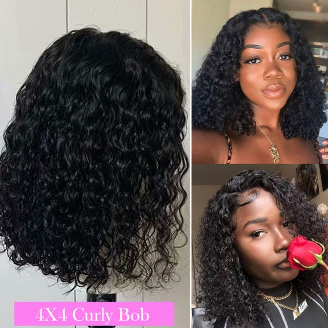 Black Pearl 13X4 Cut Bob Wig Short Lace Front Human Hair Wigs Brazilian Straight Bob Wigs Remy Deep Curly Lace Frontal Wig