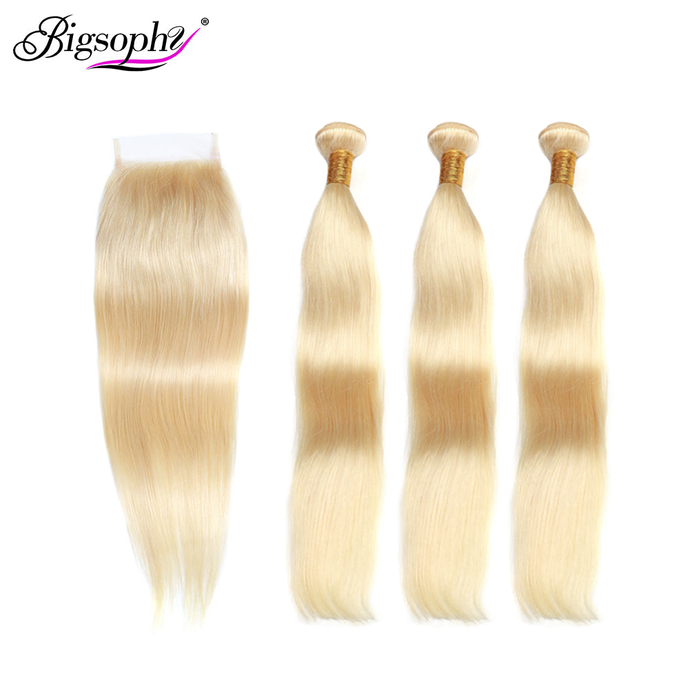 613 Bundles With Closure Brazilian 100% Remy Human Hair Extension Blonde Straight Bundles With 4x4 Lace Closure  Hair Weave