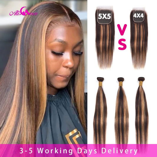 Highlight Straight Bundles With 5X5 Closure Brazilian Straight 4/30 3/4 Bundles With Closure Human Hair Bundles With Closure