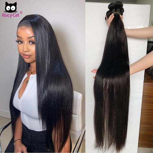 Rucycat Straight Bundles Soft 100% Human Hair Bundles Remy Brazilian Hair Bone Straight Hair Weave Bundles Full 30 Inch Bundles