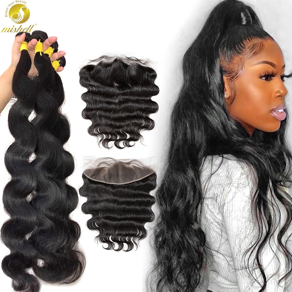 Mishell 30 32 34 40 Inch Body Wave Brazilian Hair Weave Bundles With Frontal Human Hair Bundles With Closure Remy Hair Extension