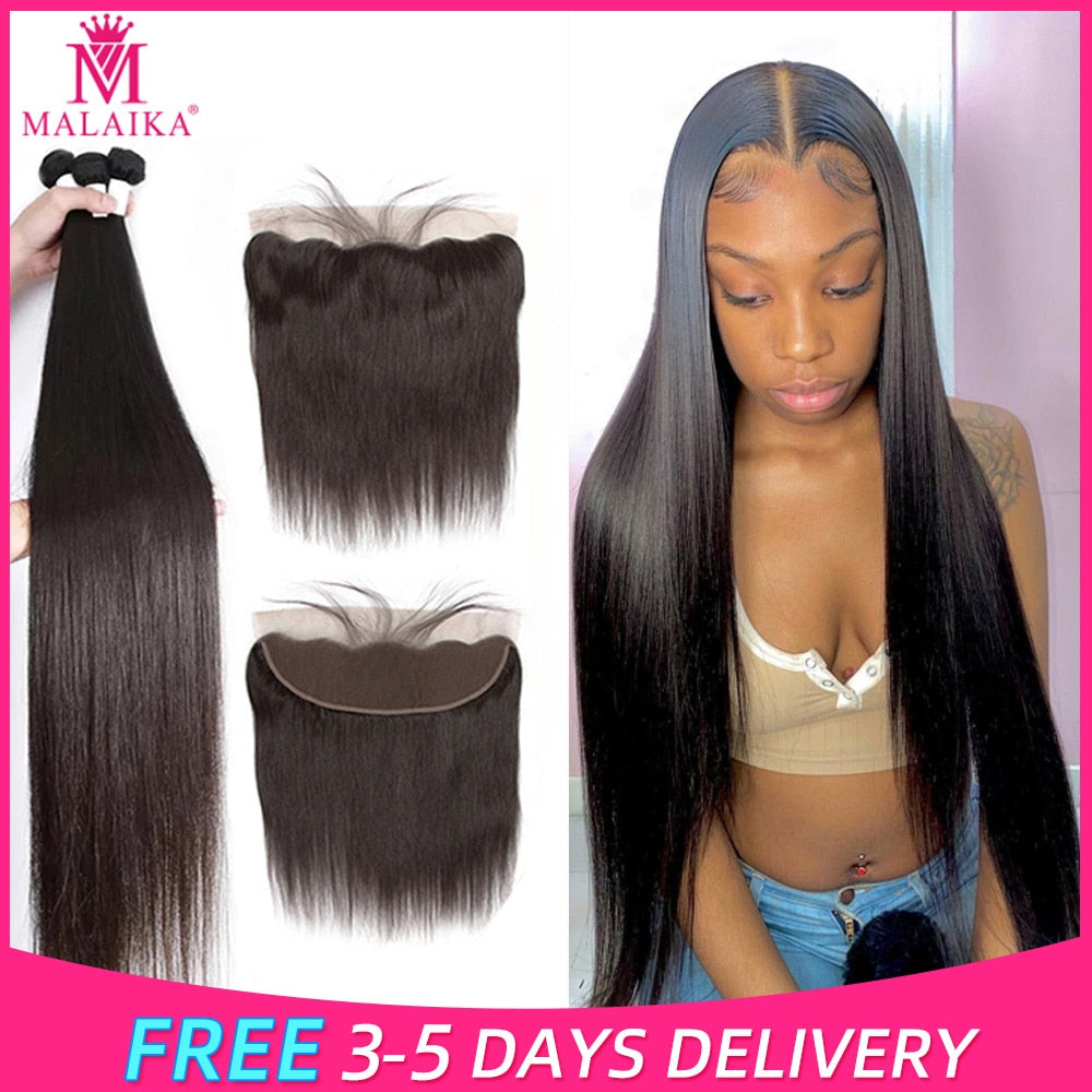 Malaika 30 32 34 40 Inch Straight Brazilian Hair Weave Bundles With Frontal Human Hair Bundles With Closure Remy Hair Extension