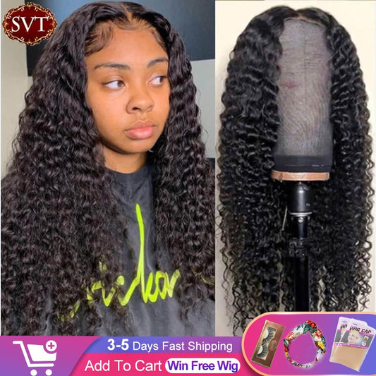 SVT Indian Deep Curly Lace Front Wig Human Hair Wigs For Black Women Deep Wave 4x4 Glueless Lace Closure Wig Prelucked Hairline