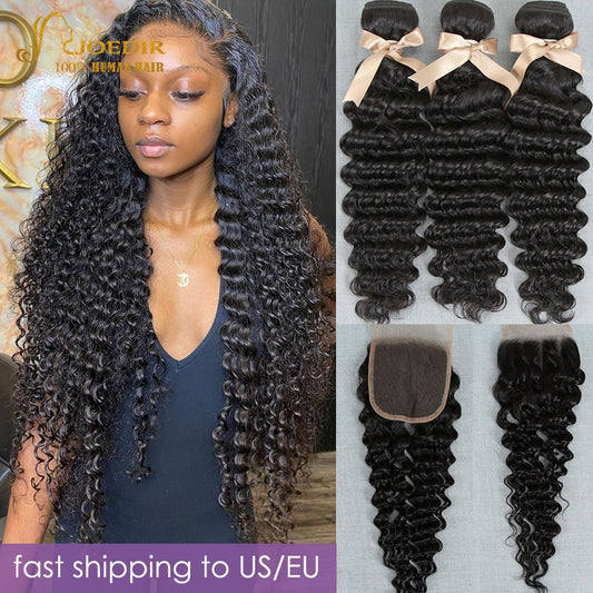 Joedir Deep Wave Bundles With Closure Brazilian Human Hair Deep Curly Bundles With Closure Remy hair 3 bundles With Lace Closure