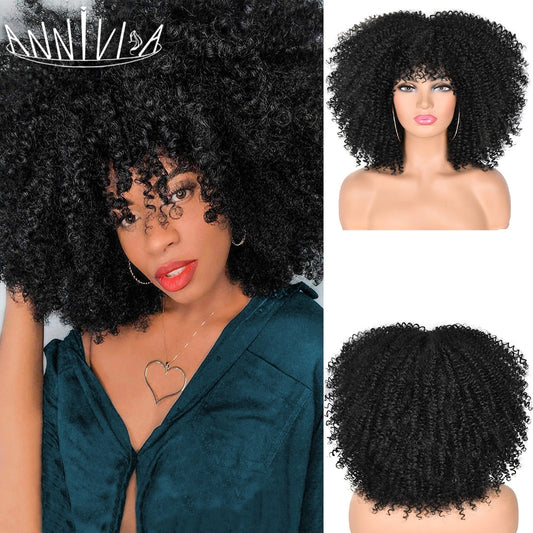 Short Hair Afro Kinky Curly Wigs With Bangs For Black Women African Synthetic Ombre Glueless Cosplay Wigs High Temperature 14"