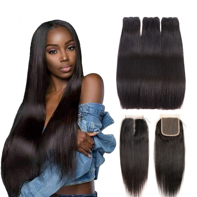 Bone Straight Hair Bundles With Closure Human Virgin Hair Double Drawn Brazilian Hair Weave 3/4 Human Hair Bundles with Closure