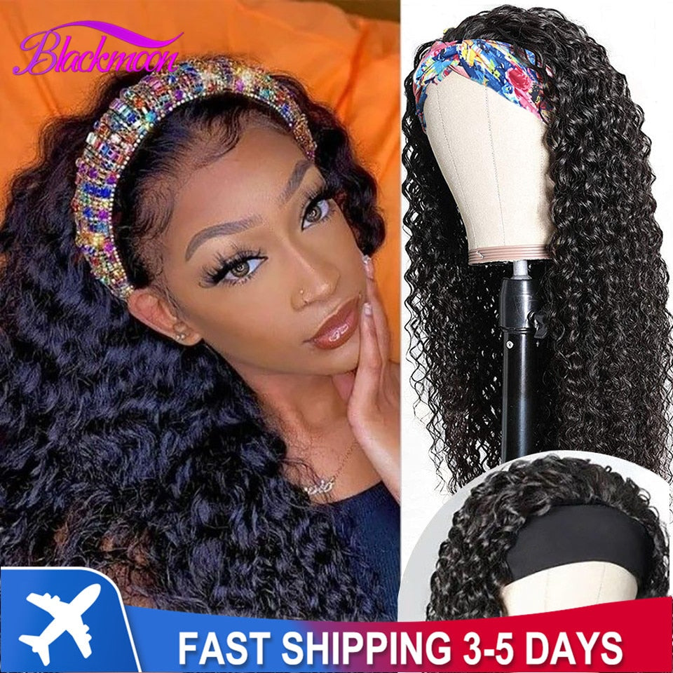 Brazilian Curly Hair Headband Wig Glueless Scarf Remy Human Hair Wigs for Black Women Full Machine Made Wig Beginner Friendly