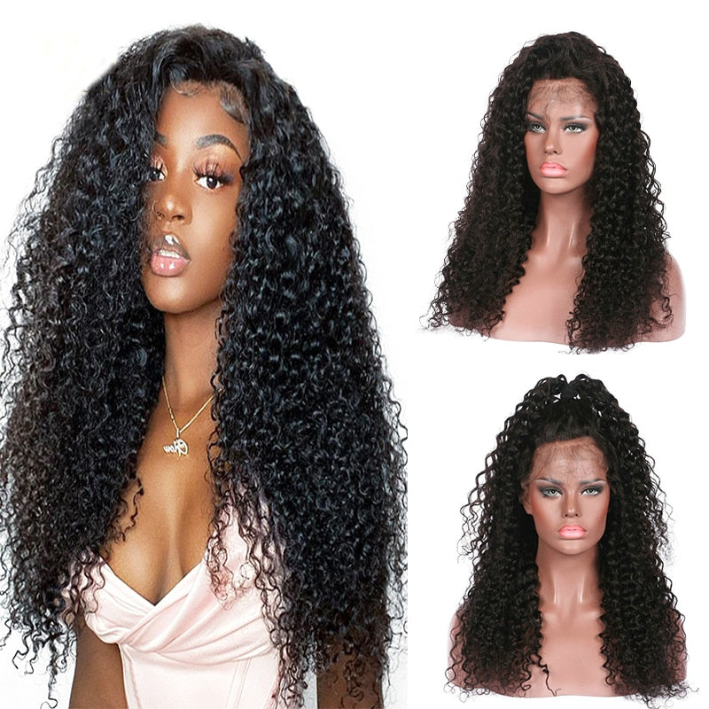 Black Medium Long Kinky Curly Middle Part Synthetic Lace Front Wigs for Woman With Babyhair Soft Heat Resistant Fiber Daily Wigs